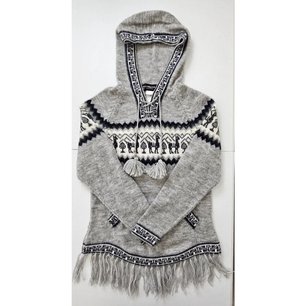 Alpaca Connection Sweater Womens Size M Gray Wool Hooded Pullover Fringe Pocket - Picture 16 of 16